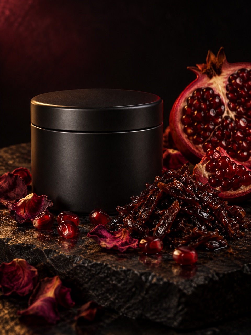 Pomegranate, rose petals, dark shisha tobacco, and a matte black tin