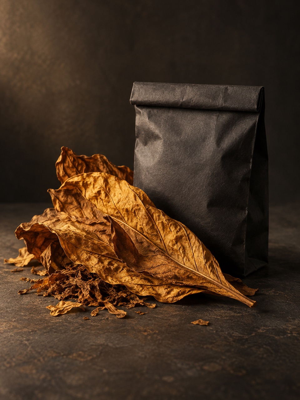 Golden cured tobacco leaves beside a charcoal paper pouch