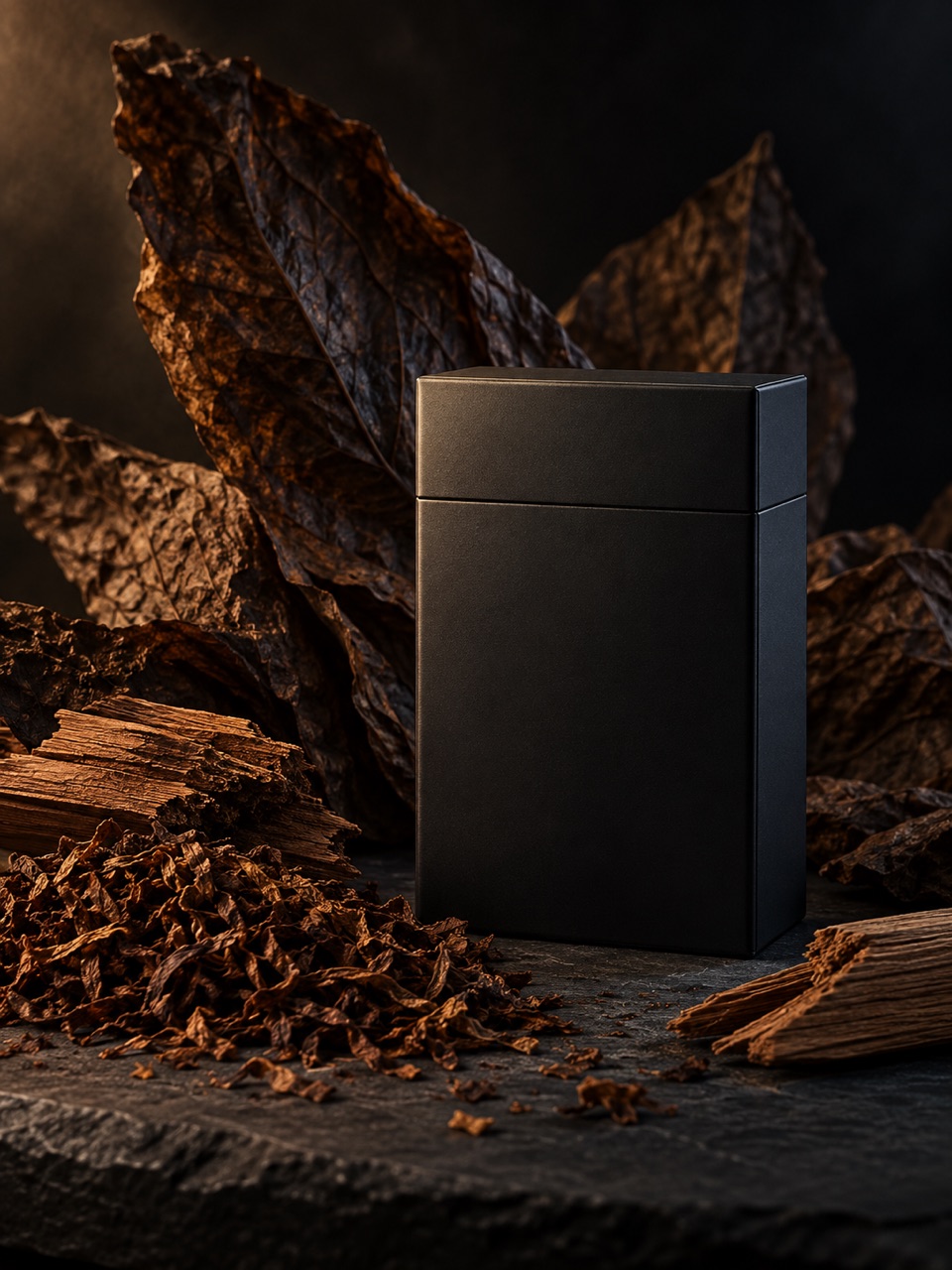 Dark tobacco leaves and a matte black Elanor tobacco box
