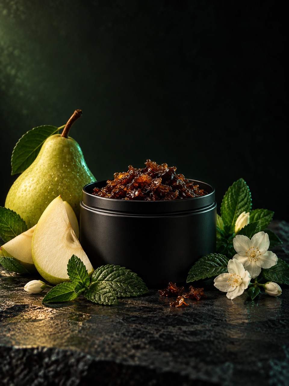 Pear, mint, jasmine, and dark shisha tobacco around a matte black tin